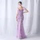 Women ostrich feather mesh floral sequin wedding evening dress