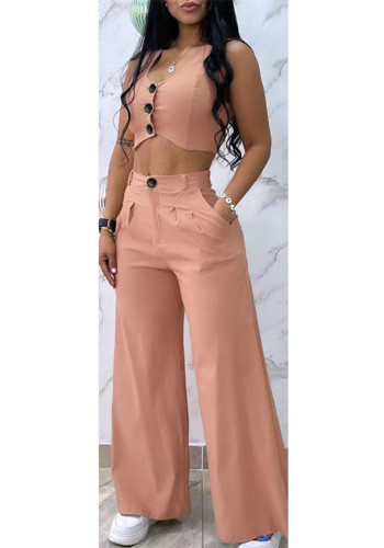Women Collage Sleeveless Top and Wide Leg Pants Casual Two-piece Set