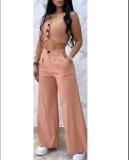 Women Collage Sleeveless Top and Wide Leg Pants Casual Two-piece Set