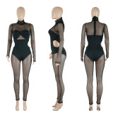 Women See-Through Net Patchwork Hollow Sexy Jumpsuit