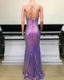 Women See-Through colorful sequined mesh sexy strappy Backless dress