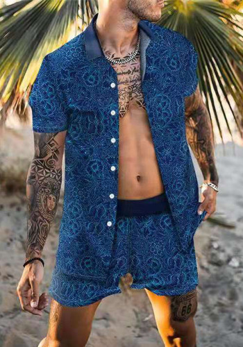 Summer Printed Casual Loose Two-Piece Beach Shorts Set For Men
