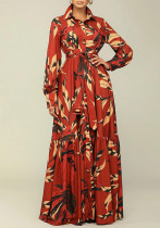 Women's Autumn Turndown Collar Belted Fashion Printed Long Sleeve Shirt Dress Long Dress