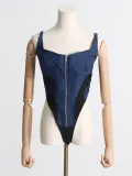 Sexy Autumn Suspender Square Neck Front Zipper Design Slim Fit Denim Women's Jumpsuit