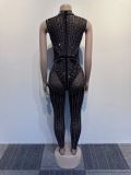 Women Sexy Beaded See-Through Bodycon Stretch Sleeveless Jumpsuit