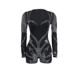 Women Sexy Beaded Stretch Long Sleeve Jumpsuit
