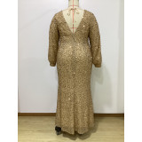 Spring And Autumn Sexy Chic Plus Size Women's Dress Sequin Patchwork Long Sleeve Long Gown