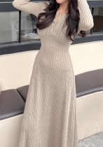 Winter Chic Slim Fit Ribbed V-Neck Knitting Dress Long Basic Dress