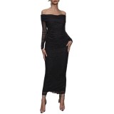 Autumn Sexy Chic Style Strapless Off Shoulder Long Sleeve Mesh Long Dress