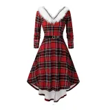 Autumn And Winter Women's Red Plaid Plush V-Neck Belted Christmas Dress