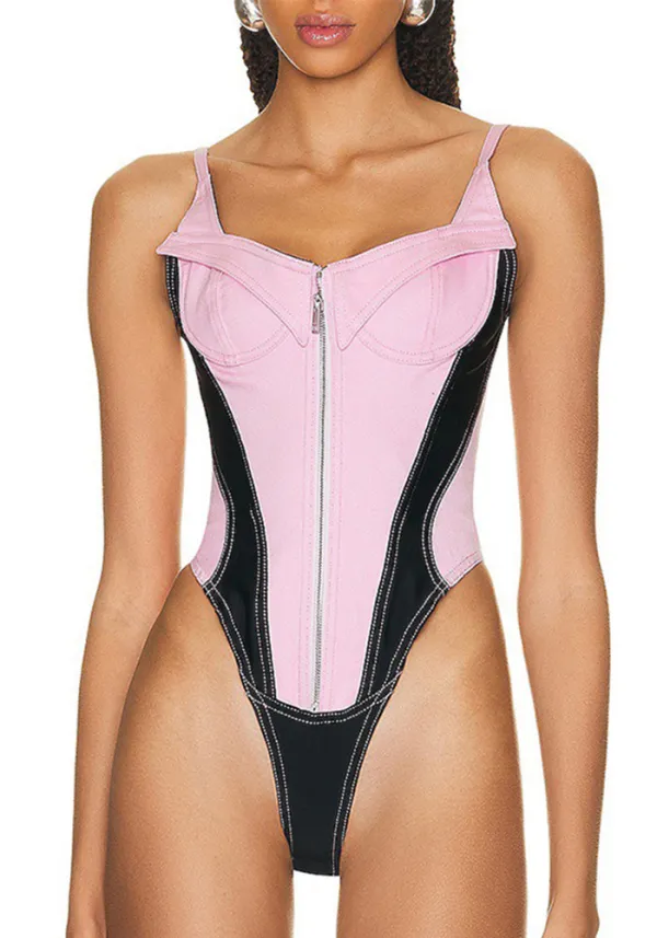 Sexy Autumn Suspender Square Neck Front Zipper Design Slim Fit Denim Women's Jumpsuit