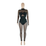 Women See-Through Net Patchwork Hollow Sexy Jumpsuit