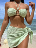Sexy Halter Neck Push-Up Two Pieces Solid Color Bikini Three-Piece Swimsuit For Women