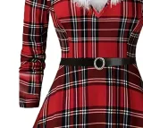 Autumn And Winter Women's Red Plaid Plush V-Neck Belted Christmas Dress