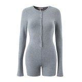 Round Neck Long-Sleeved Multi-Button Stretch Slim Fit Jumpsuit Sports Yoga Solid Color Cotton One Piece Shorts
