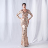 Women colorful sequined long-sleeved evening dress