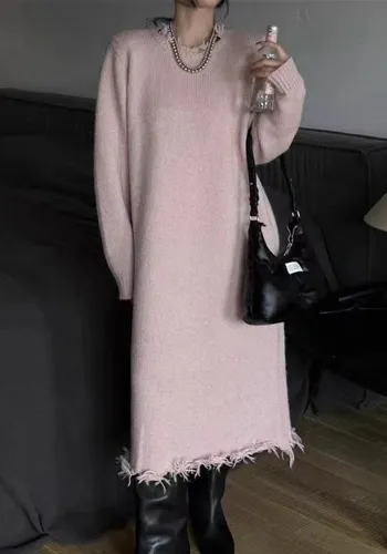 Long Ripped Raw Edge Knitting Dress Women's Autumn And Winter Loose Long Sleeve Basic Shirt