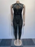 Women Sexy Beaded See-Through Bodycon Stretch Sleeveless Jumpsuit