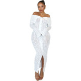 Fashionable And Elegant Off Shoulder Sexy Wave Pattern Long-Sleeved Dress