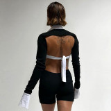 Women's Autumn Fashion Contrast Color Turndown Collar Tight Fitting One-Piece Casual Short Jumpsuit