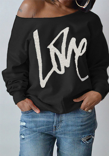 Love Letter Printed Long Sleeve T-Shirt Sexy Off-Shoulder Women's Top