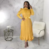 Women's Winter Puff Sleeve Top Ruffled Pleated Skirt Two-Piece Suit
