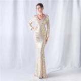 Women colorful sequined long-sleeved evening dress