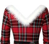 Autumn And Winter Women's Red Plaid Plush V-Neck Belted Christmas Dress