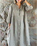 Women's Linen Solid Color Casual Stand Collar Button Long Dress
