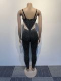 Women Beaded Stretch Suspender Bodycon Jumpsuit