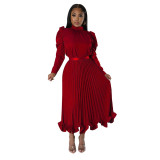 Women's Winter Puff Sleeve Top Ruffled Pleated Skirt Two-Piece Suit