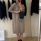 Women's Autumn And Winter Turndown Collar Loose Maxi Knitting Shirt Dress
