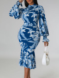 Plus Size Women's Autumn Winter Fashion Slash Shoulder Long Sleeve Bodycon Pencil African Dress