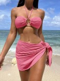Sexy Halter Neck Push-Up Two Pieces Solid Color Bikini Three-Piece Swimsuit For Women