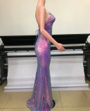 Women See-Through colorful sequined mesh sexy strappy Backless dress