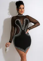 Summer Women's Beaded Mesh See-Through Long Sleeve Irregular Dress