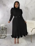 Women's Winter Puff Sleeve Top Ruffled Pleated Skirt Two-Piece Suit