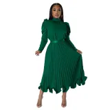 Women's Winter Puff Sleeve Top Ruffled Pleated Skirt Two-Piece Suit