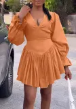 Women V-Neck Ruffle Sleeve Elegant Pleated Dress