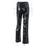 Women Autumn Casual High Waist Loose Wide Leg PU-Leather Pant