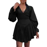 Women V-Neck Ruffle Sleeve Elegant Pleated Dress