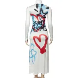 Women Fall Round Neck Long Sleeve Graffiti Letter Print Dress