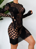 Women Hollow See-Through Long Sleeve One-piece Net Clothes Sexy Lingerie