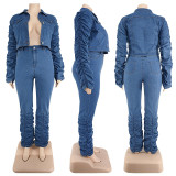 Plus Size Women Fall/Winter Pleated Long Sleeve Top and Stacked Denim Pant Two-piece Set