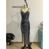 Spring And Autumn Fashion Sexy Dress Hollow Lace-Up Sequin Slim Fit Suspender Dress