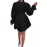 Women V-Neck Ruffle Sleeve Elegant Pleated Dress