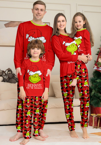 Christmas Family Wear Cartoon Plaid Print Long Sleeve Pajama Set