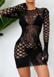 Women Hollow See-Through Long Sleeve One-piece Net Clothes Sexy Lingerie