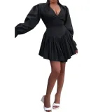 Women V-Neck Ruffle Sleeve Elegant Pleated Dress