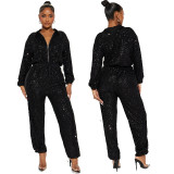 Women Autumn and Winter Sequined Sexy V-Neck Long Sleeve Zipper Jumpsuit